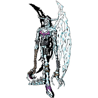 IceDevimon, a snow white Devimon with leather straps on his arms and legs.