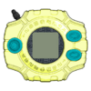 Yellow shell; teal buttons