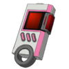 Pink highlight/buttons; white body; red screen; black ring