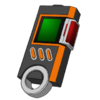 Orange highlight/buttons; black body; green screen; white ring