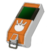 Orange faceplate; white body; green screen; white buttons; black ring