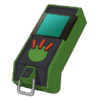 Black faceplate; green body; cyan screen; red buttons; gray ring