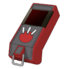 Black faceplate; red body; dark red screen; white buttons; gray ring